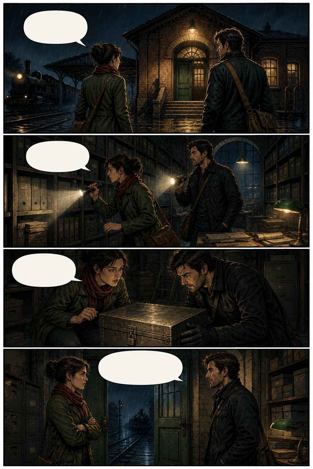Vertical comic page showing four speech bubble positions and a controlled left-to-right reading sequence