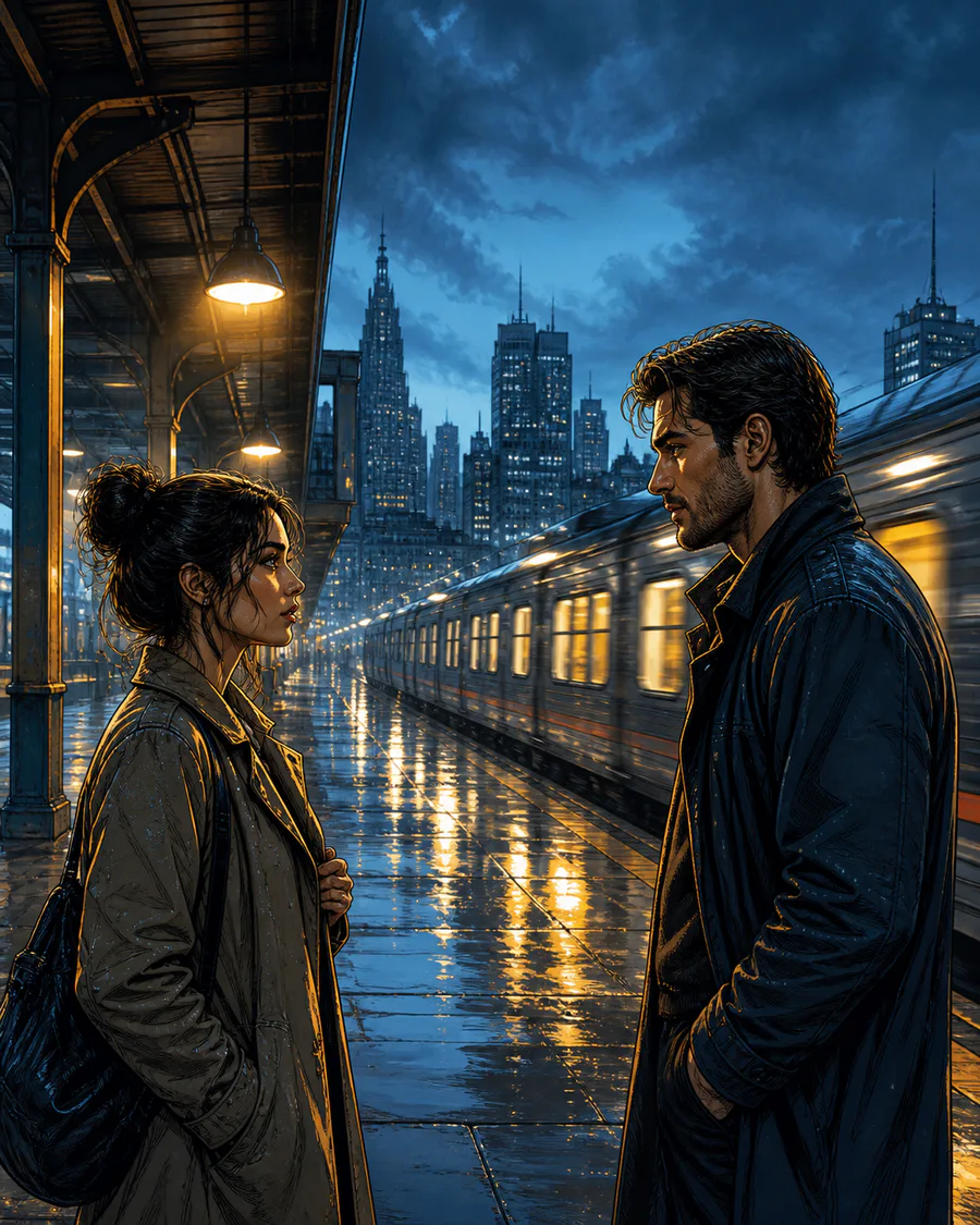 Two comic characters on a train platform with clear left-to-right dialogue space