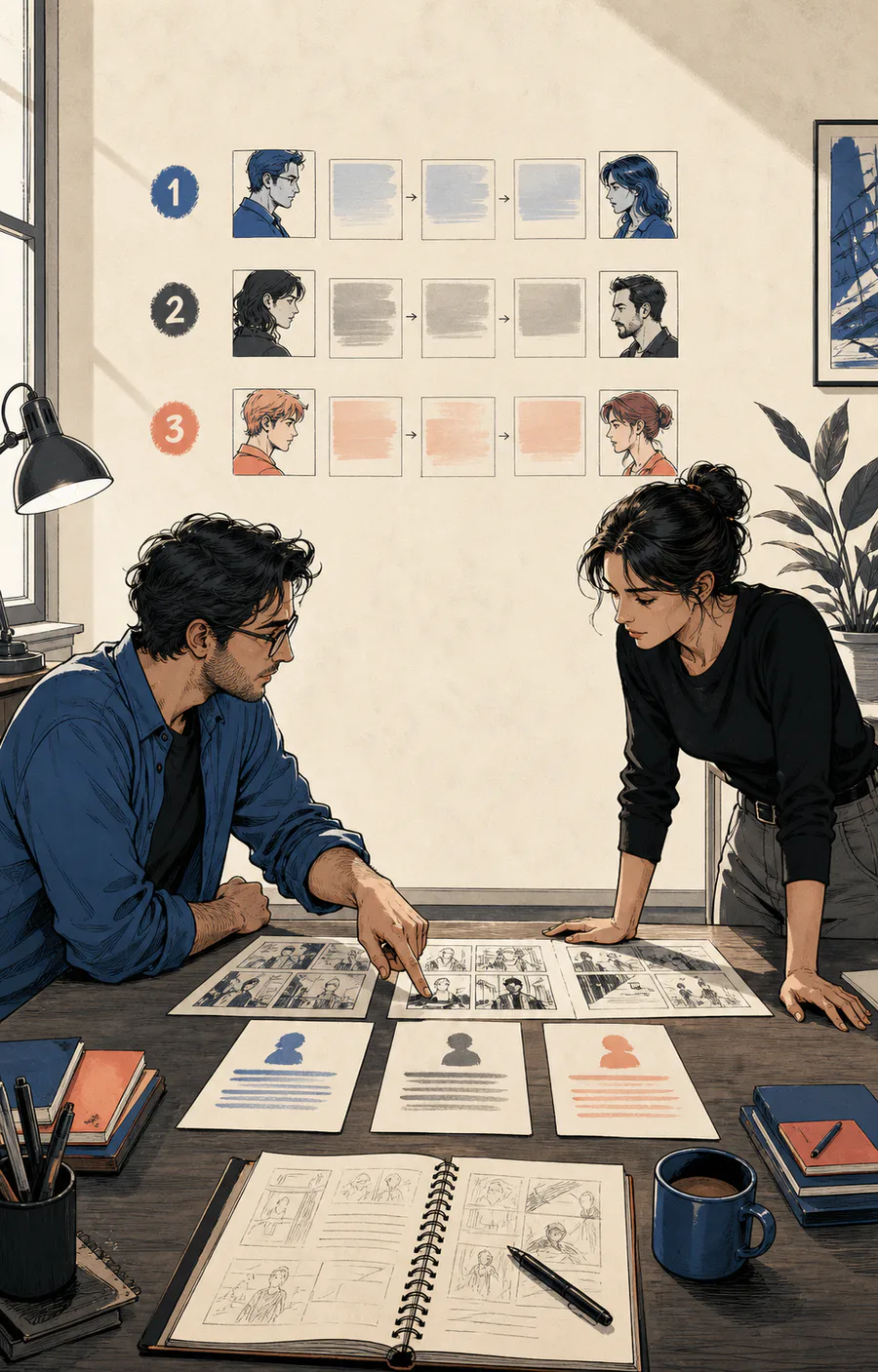 Comic collaborators arranging three numbered dialogue beats before lettering