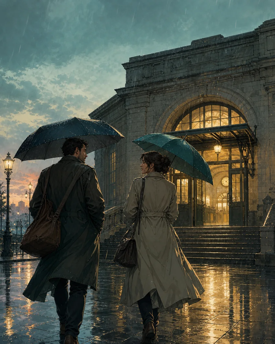 Comic speech bubble generator narration example using a concise caption while the rainy station artwork carries the visible action