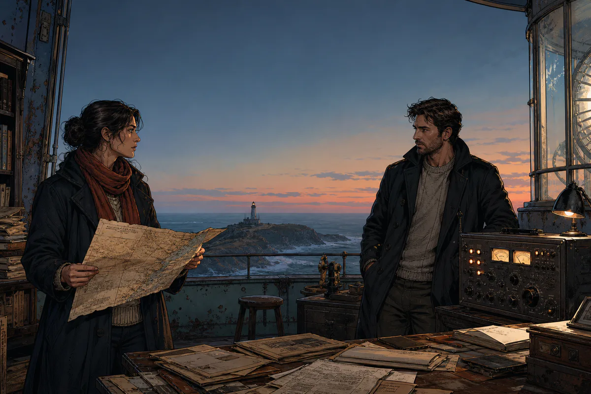 Two graphic novel journalists discussing a map in a lighthouse archive