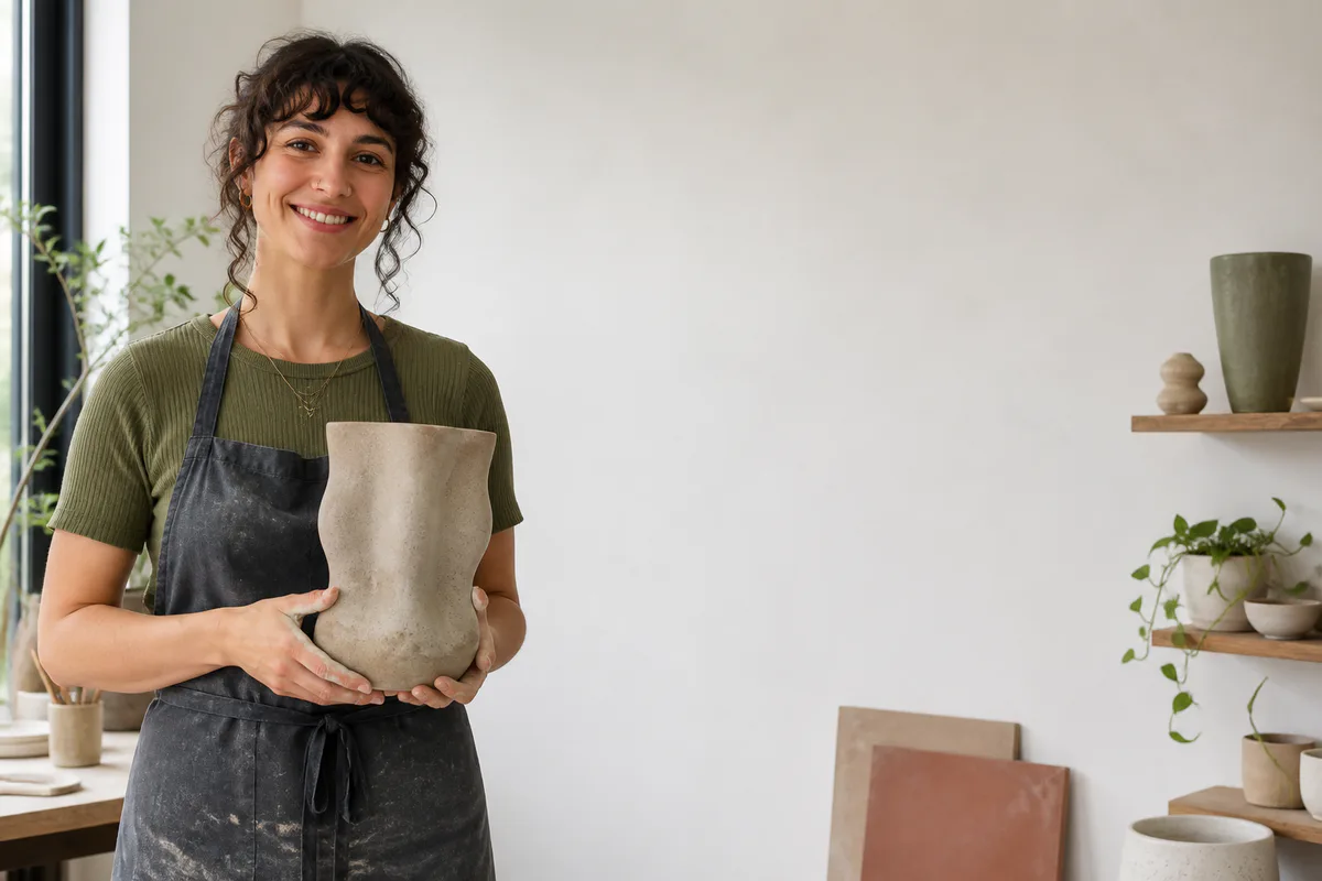 A ceramic artist holding a finished vase with open space for dialogue
