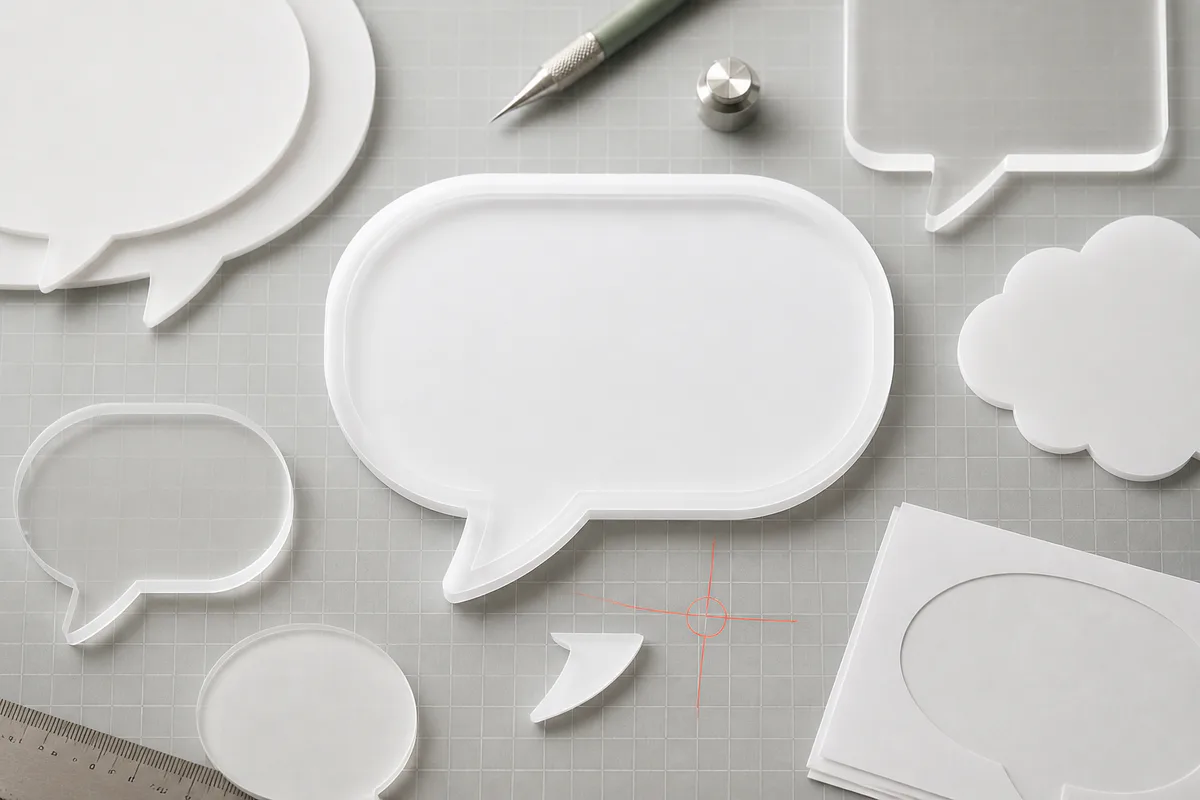 Blank translucent speech bubble shapes on a precision cutting mat