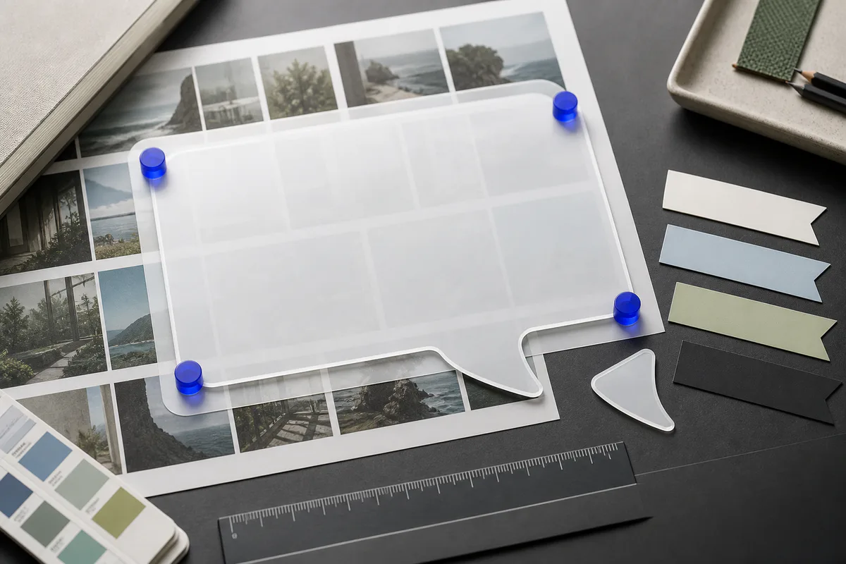 A graphic production desk prepared for a transparent lettered bubble overlay