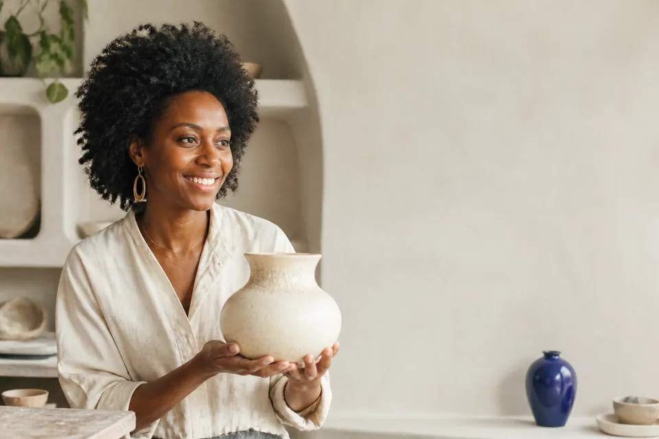 Ceramic artist portrait composed with clear space for a face-safe speech bubble