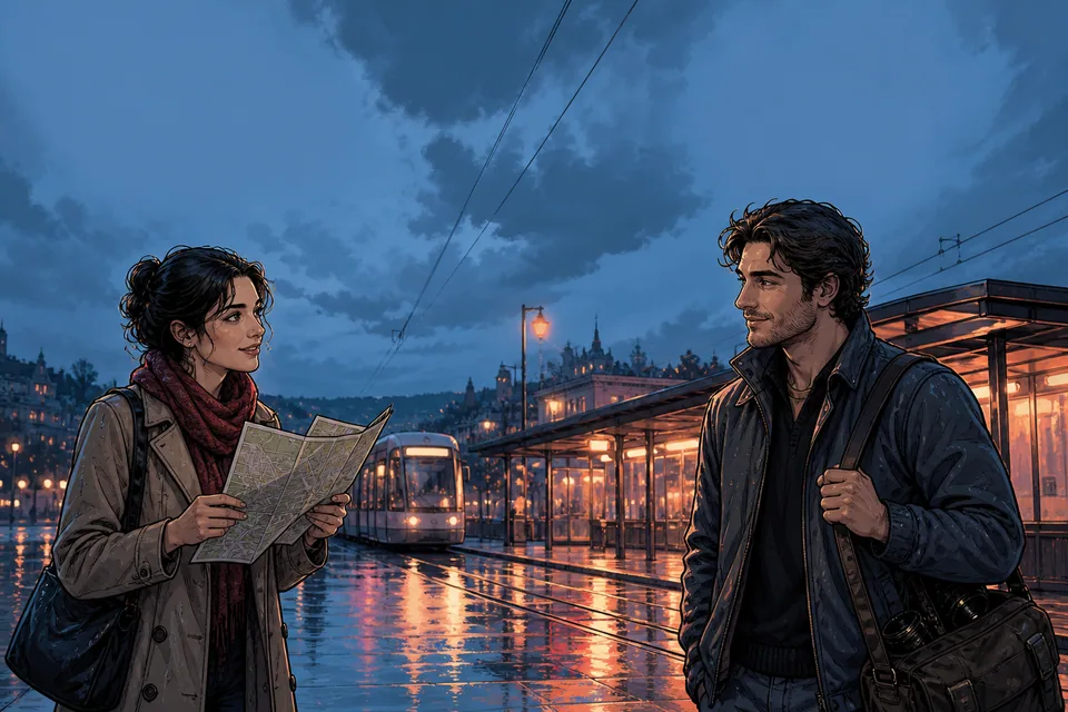 Graphic novel tram scene with two characters prepared for an editable dialogue layout
