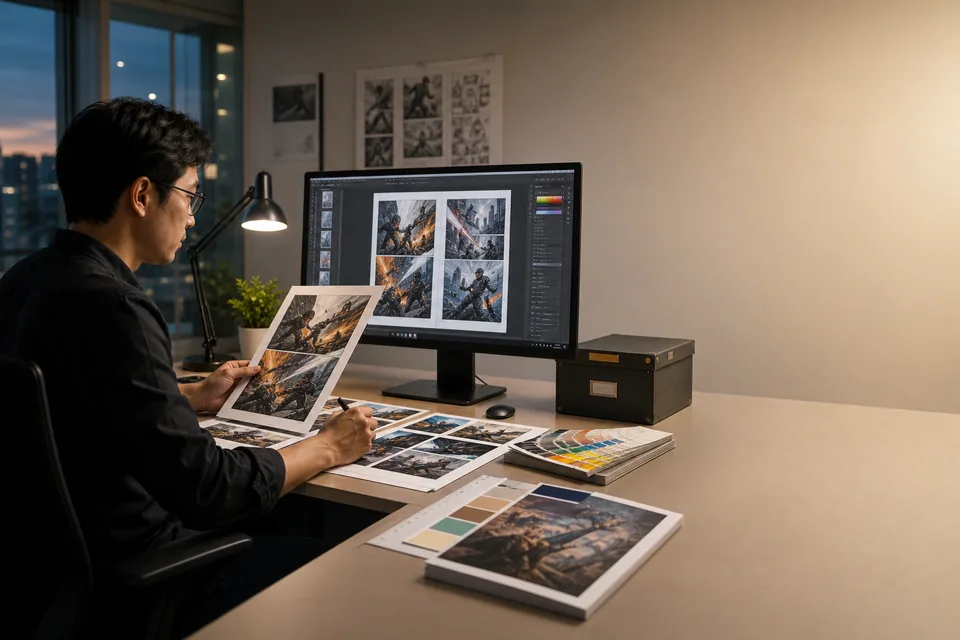 Production editor reviewing visual story proofs before final export