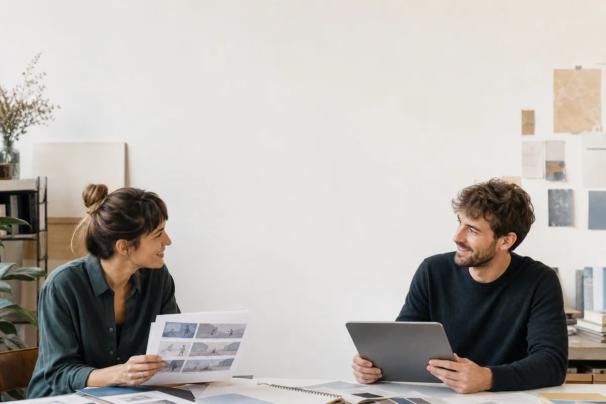 Independent creative collaborators used as the source for an editable brand-neutral message conversation