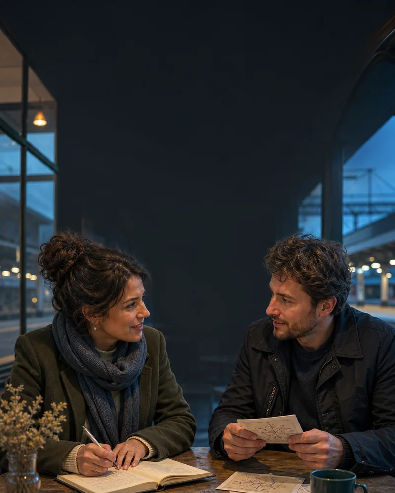 Station cafe scene prepared for an editable 4:5 message conversation graphic