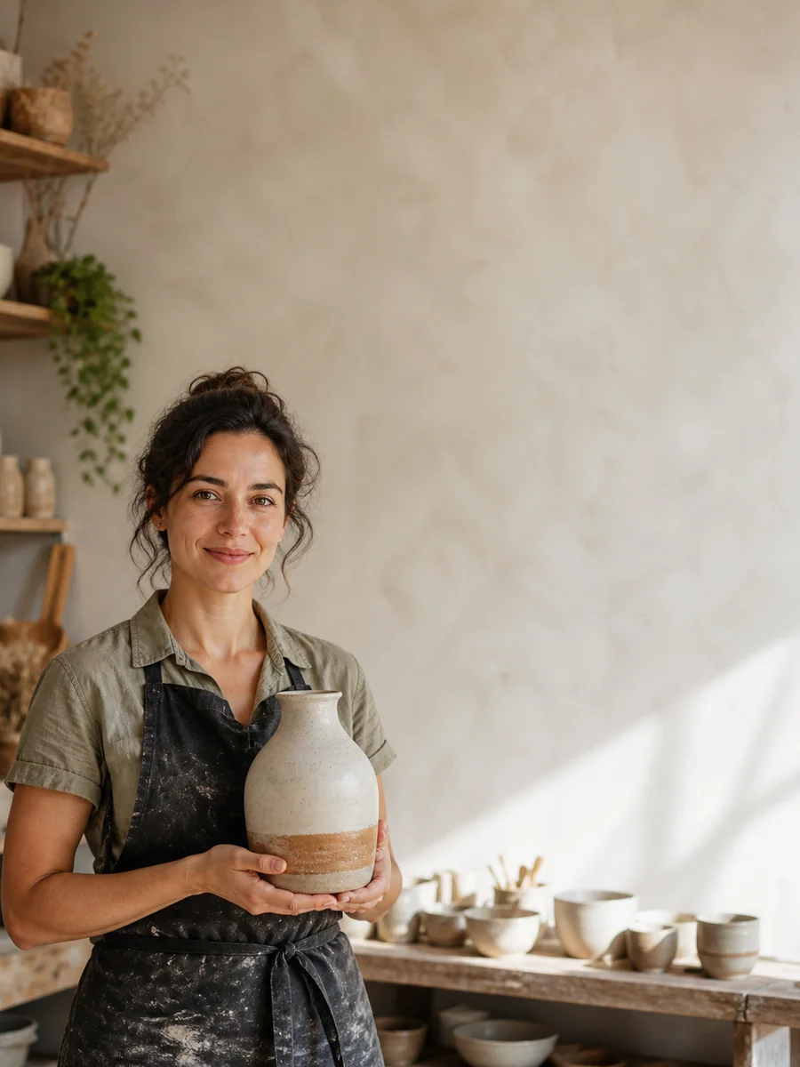 Portrait photo speech bubble placement preserving the subject's face, hair, hands and ceramic product