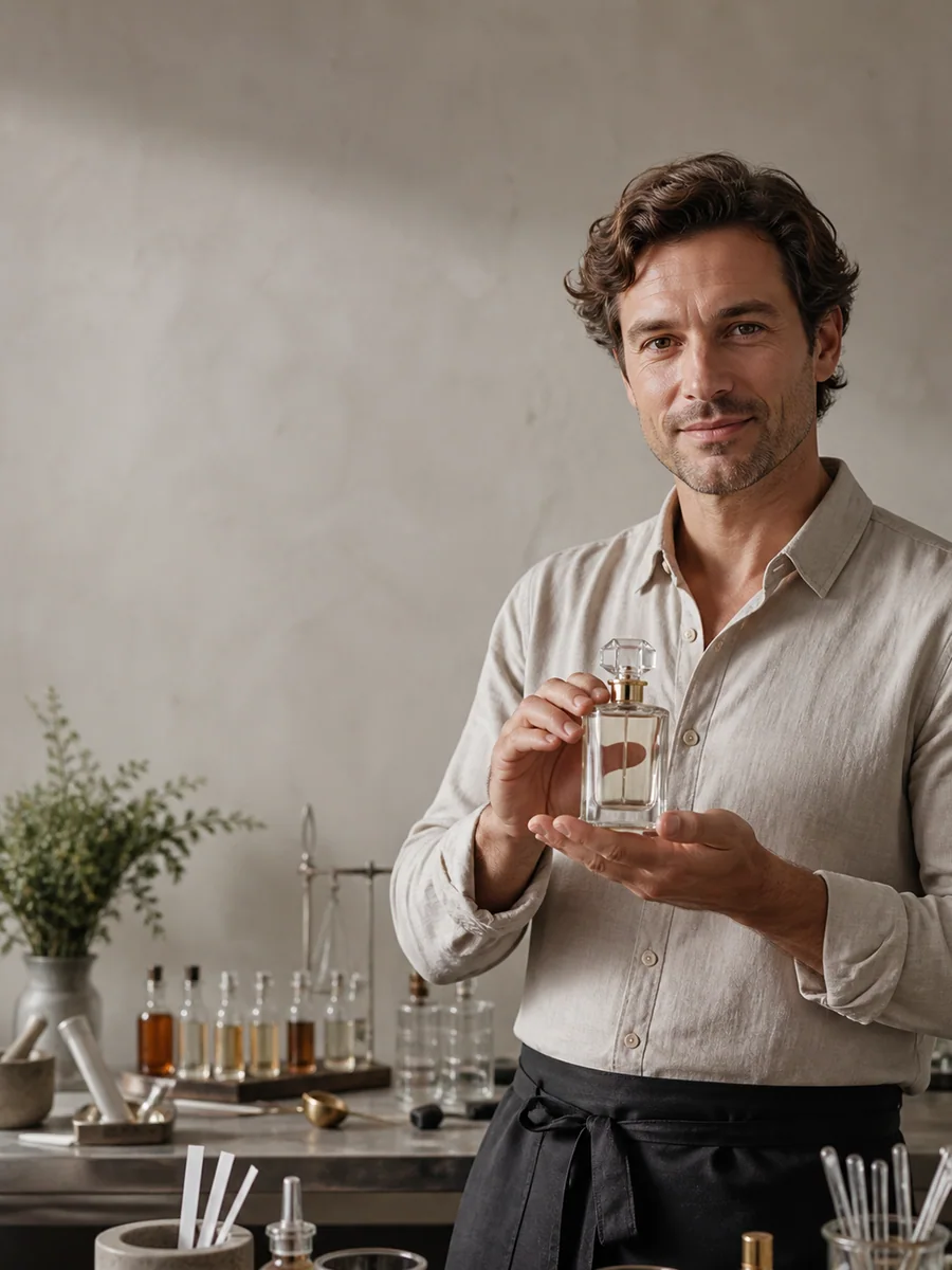 Product photo speech bubble placement keeping the maker's face, hands and perfume bottle fully inspectable